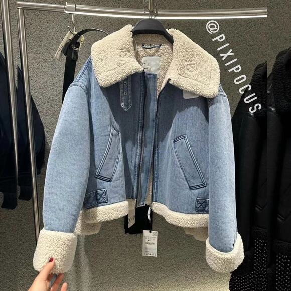 ZARA NEW FAUX SHEARLING BIKER JACKET MOTO DENIM BLUE M MEDIUM 3548/250 - Picture 16 of 16